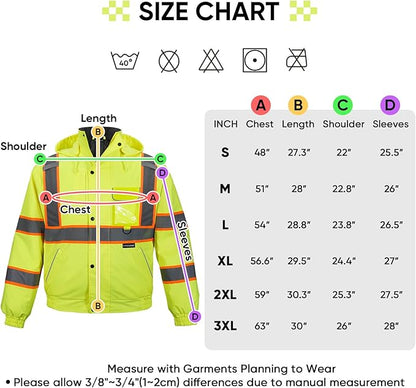 TICONN Waterproof Safety Bomber Jacket, Hi Vis Reflective Rain Jacket, ANSI Class 3 Work Rain Coat for Men Women