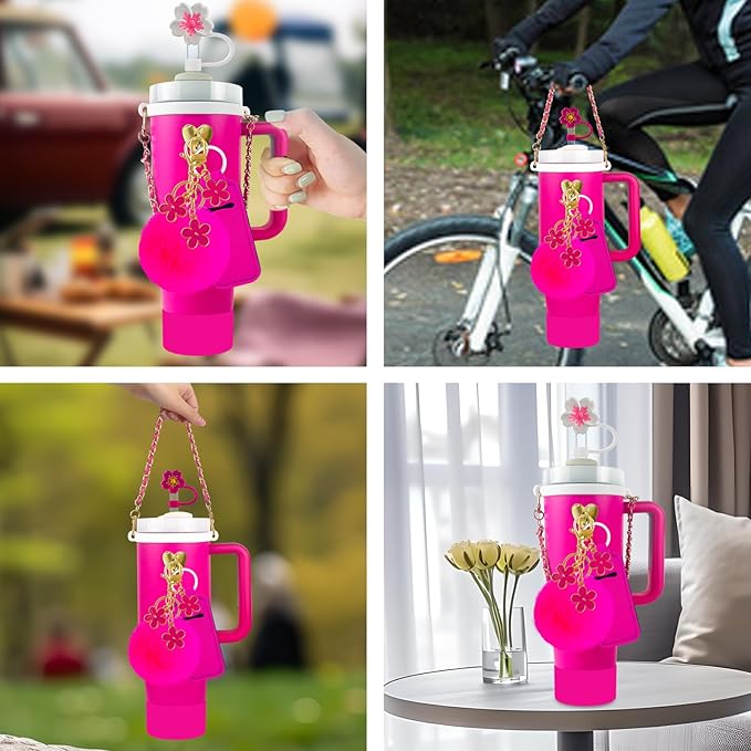 Velaco 11 PCS Accessories for Stanley Cup, Water Bottle Handle Strap for Stanley 30/40 oz tumbler with handle, including Straw Toppers, Silicone Cup Boot, Keychain Charms - ROSE