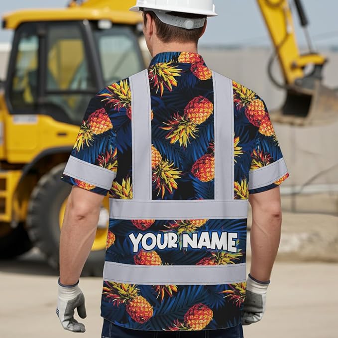 High Visibility Hawaiian Shirt for Men Tropical Shirts Custom Name Floral Outfit Reflective Safety Workwear