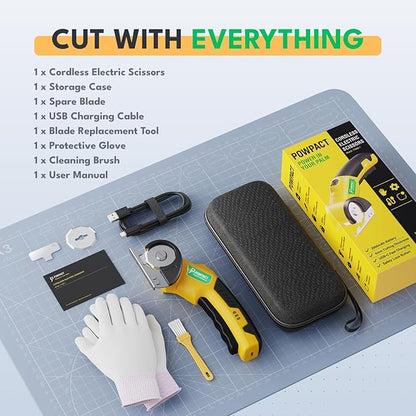 Powpact® High Speed Cardboard Cutter, Cordless Electric Scissors for Cardboard Fabric Carpet, Automatic Electric Box Cutter with Safety Lock - Rechargeable Battery, Heavy Duty Power, Rotary Cutting