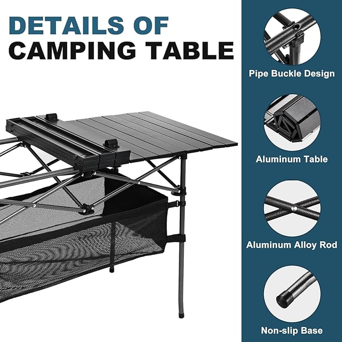 Lightweight Aluminum Folding Camping Table (47” x 21.65” x 26.7”), Portable Roll-Up Design for Outdoor, Camping, Beach, BBQ, Patio, and Picnic, Durable & Waterproof with Carrying Bag