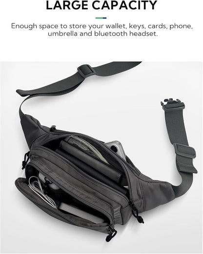 WATERFLY Fanny Pack Waist Packs: Large Crossbody Fanny Packs for Women Men with 5 Zipper Pockets Adjustable Strap Waist Bags Hip Pack for Traveling Cycling Running Hiking-Gray