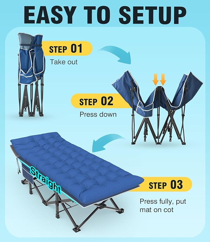 Slendor XXL Camping Cot, Oversized Camping Bed, 79" L x 32" W x 19" H Sleeping Cot with Mattress, Carry Bag, Camp Cot Bed for Travel, Guest, Support 900lbs, Blue Cot+ Blue Pad