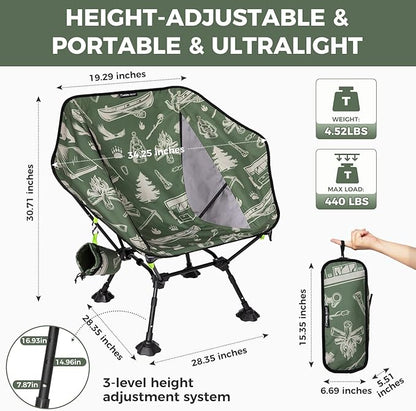 ATEPA UFO3.0 Backpacking Camping Chair, Ultralight Extra Wide Comfortable Folding Chairs 440lbs Heavy Duty Portable Hexagon Ergonomic Height Adjustable Seat with Anti-Sinking Feet