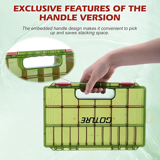Goture Fishing Tackle Box Organizer - Transparent Fishing Organizer Box w/Measurement Ruler, Adjustable Dividers, Dual Latches | 2 Pcs 3700 Tackle Tray| Ergonomic Grip