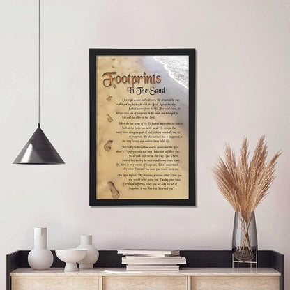 Footprints in the Sand Religious Canvas Wall Art Posters, Inspirational Beach Sunset Poem Print Poster (Black Framed 24x36inch, Footprints(3))