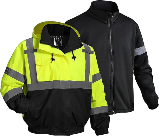 3 in 1 Safety jacket,Reflective high Visibility Hooded jacket,Hi Vis Bomber Jacket shell and fleece lining,Waterproof,ANSI Class 3 Black Bottom Lime,4XL