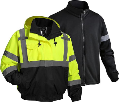 3 in 1 Safety jacket,Reflective high Visibility Hooded jacket,Hi Vis Bomber Jacket shell and fleece lining,Waterproof,ANSI Class 3 Black Bottom Lime,Medium