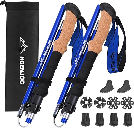 Trekking Poles Set of 2, Collapsible Cork Handle Aluminum Hiking Poles with Quick Lock System, Telescopic, Collapsible, Ultralight for Women Men, Hiking, Camping, Climbing
