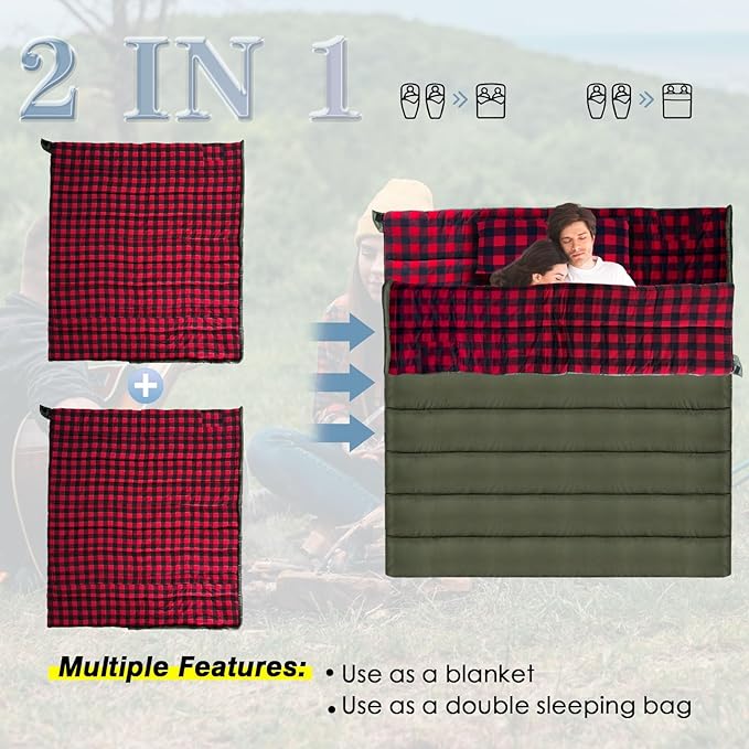 0 Degree Sleeping Bag Cotton Flannel Winter Cold Weather for Adults XXL Sleeping Bag 4 Season Big and Tall with Pillow Compression Sack