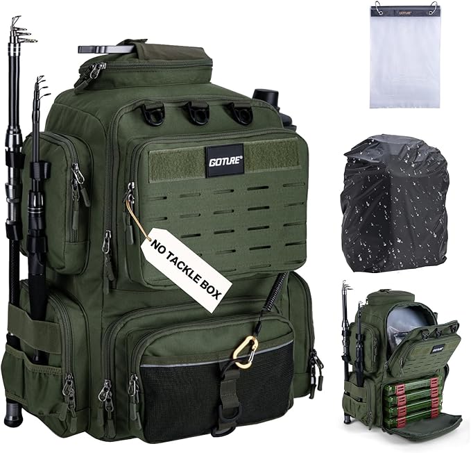 Goture Fishing Backpack, 900D Water-Resistant Tackle Backpack with Rod Holders, 45L Large Fishing Bag Storage Gear Tackle Bag with 8 Lure Pockets, Rain Cover for Camping Hiking(Without Tackle Box)