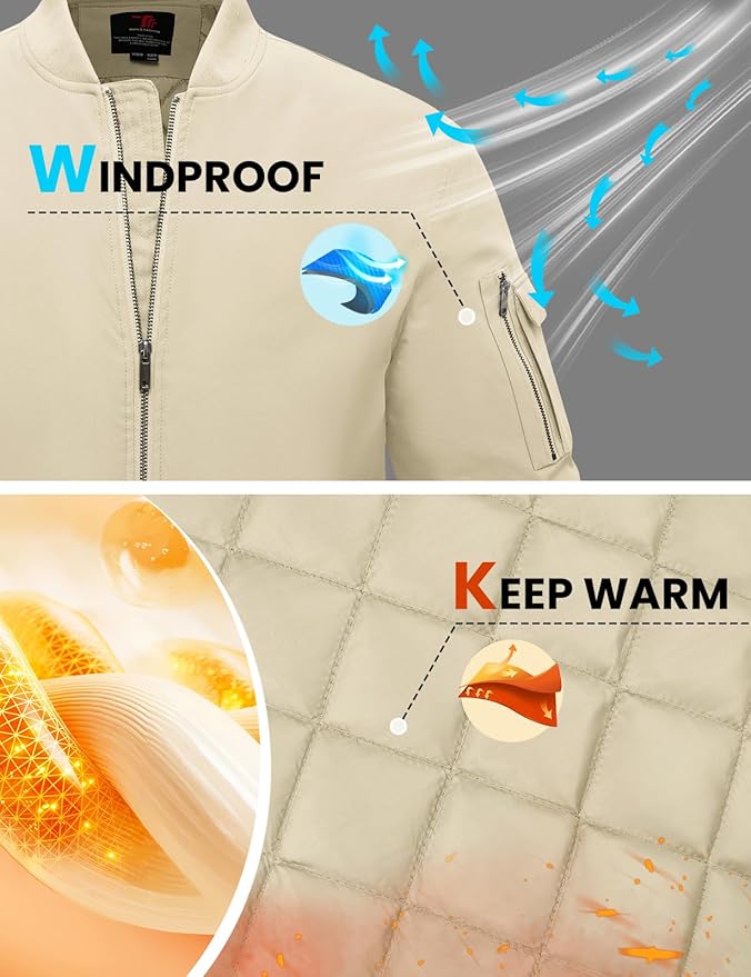 TBMPOY Men's Fall Jacket Winter Windbreaker Bomber Zip Up Padded Softshell Warm Windproof Casual Coat