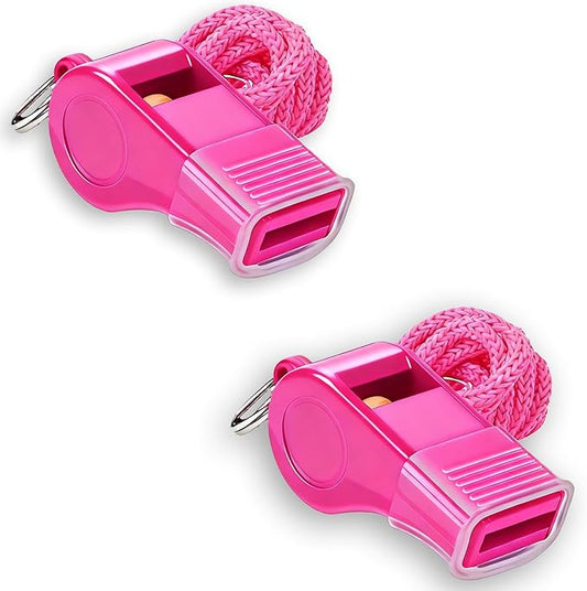 Pink Whistles with Mouthpiece, 2 Pack Plastic Sports Emergency Whistles with Lanyard – Loud Crisp Sound for Coaches, Lifeguards, Teachers, Dog Training and Outdoor Safety