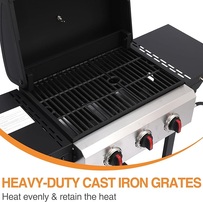 Propane Gas Grill with Folding Side Tables, 3-Burner Gas Grill with Cast Iron Grates and Stainless Steel Griddle Pan, Outdoor BBQ Grill Portable with Wheels 30000 BTU Output