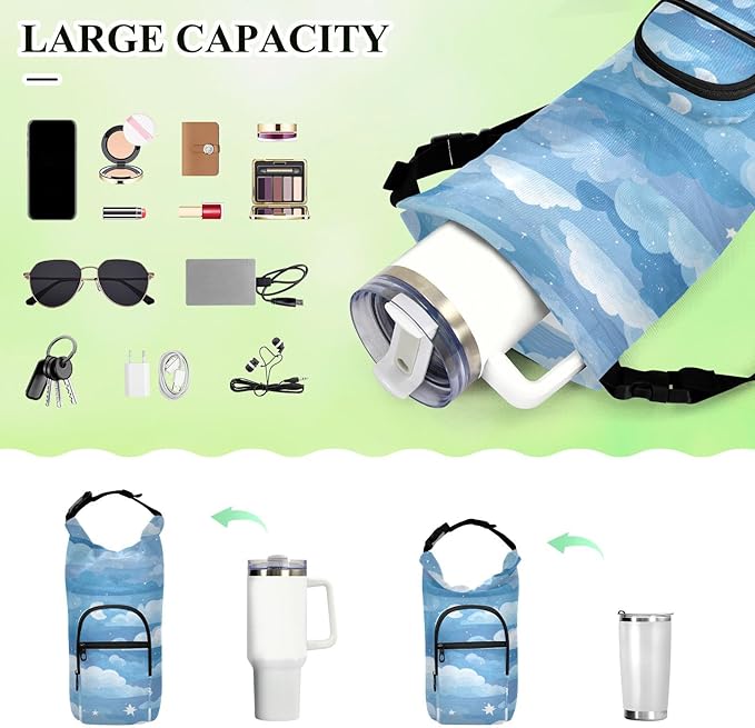 Blue Gradient Cloud and Stars Water Bottle Holder with Strap Insulated Water Bottle Carrier Crossbody Bags Pouch with Phone Pocket for Travel Gym Hiking Walking Running