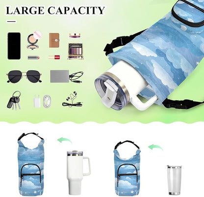 Blue Gradient Cloud and Stars Water Bottle Holder with Strap Insulated Water Bottle Carrier Crossbody Bags Pouch with Phone Pocket for Travel Gym Hiking Walking Running
