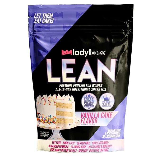 LadyBoss Lean Protein Shake Vanilla Cake Flavor - Meal Replacement & Craving Support with Grass-Fed Whey, 18 Vitamins & Nutrients - 30 Servings