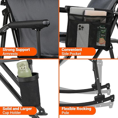 Overmont Back Support Rocking Camping Chair for Adults - Oversized with Adjustable High Backrest - Heavy Duty Folding Rocker Chair Supports 450 LBS - Perfect for Outdoor Lawn Beach Fishing Garden