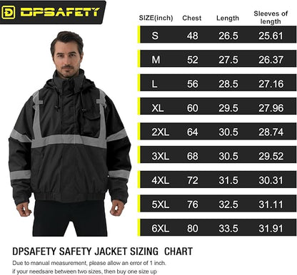 3 in 1 Safety jacket,Reflective high Visibility Hooded jacket,Hi Vis Bomber Jacket shell and fleece lining,Waterproof,ANSI Class 3 Black,2XL