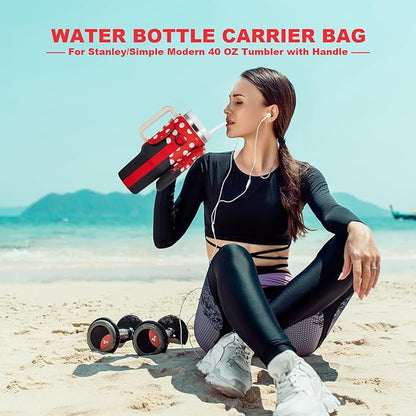 Water Bottle Carrier Bag with Phone Pocket for Stanley 40 & 30 oz Tumbler with Handle,Pink Insulated Neoprene Cup Holder Pouch w/Adjustable Strap for Quencher H2.0 Stanley Cup Accessories