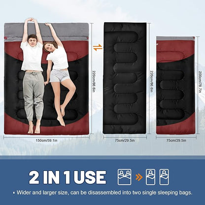 Double Sleeping Bag for Adults Machine Washable 2 Person Camping Sleeping Bag Queen Size Waterproof with Compression Sack for Cold Weather 3-4 Seasons