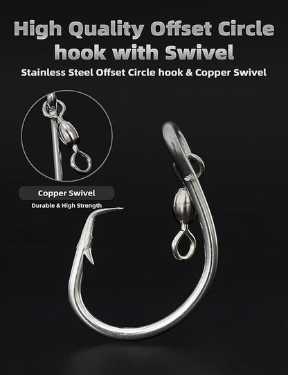 BLUEWING Offset Circle Hook with Swivel Stainless Steel 5pcs/10pcs Extra Sharp for Freshwater Saltwater Big Game Fishing