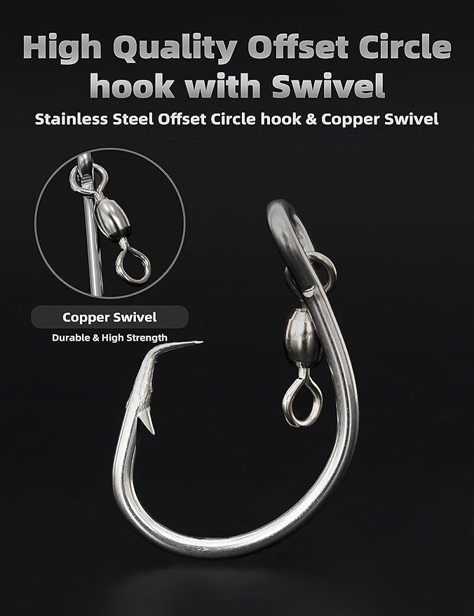 BLUEWING Offset Circle Hook with Swivel Stainless Steel 5pcs/10pcs Extra Sharp for Freshwater Saltwater Big Game Fishing