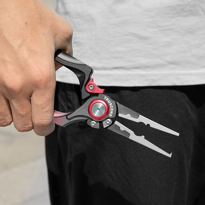 TRUSCEND Lockable Handy Fishing Pliers with Innovative Ergonomical Handle, Corrosion Saltwater Resistant Teflon Coated Fishing Tool, Multi-Function Fishing Gear with Mo-V Cutter, Fishing Gifts for Men