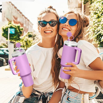 4PCS Silicone Straw Covers Toppers for Stanley Cups 30&40 Oz Tumbler Accessories Flower Straw Caps Purple Red Dust-Proof Reusable Straws Tips Protectors for Stanley Cup 10mm 0.4in Straws