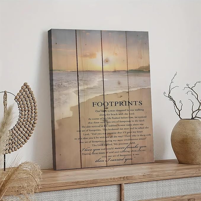 Footprints in the Sand Religious Canvas Wall Art Posters, Inspirational Beach Sunset Poem Print Poster (Framed 12x18inch, Footprints(1))