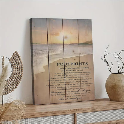 Footprints in the Sand Religious Canvas Wall Art Posters, Inspirational Beach Sunset Poem Print Poster (Framed 12x18inch, Footprints(1))