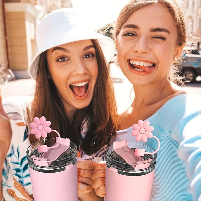 6PCS Silicone Straw Covers Toppers for Stanley Cups 30&40 Oz Tumbler Accessories Flower Straw Caps Pink Black Dust-Proof Reusable Straws Tips Protectors for Stanley Cup 10mm 0.4in Straws