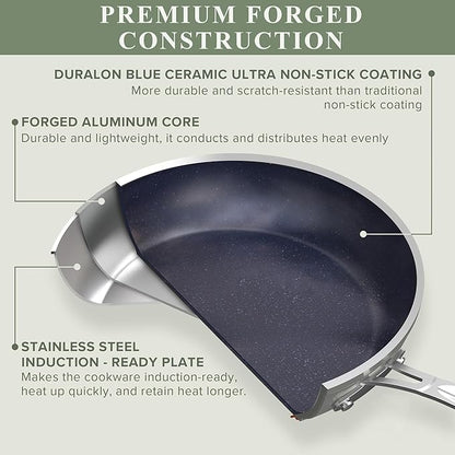 Nuwave Healthy Duralon Blue Ceramic Nonstick Cookware Set, Diamond Infused Scratch-Resistant, PFAS Free, Dishwasher & Oven Safe, Induction Ready & Evenly Heats, Tempered Glass Lids & Stay-Cool Handles