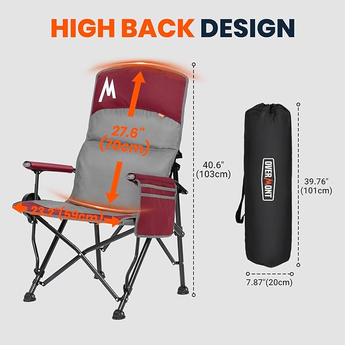 Overmont Back Support Camping Chair for Adults - Oversized with Adjustable High Backrest - Heavy Duty Folding Chair Supports 450 LBS - Cup Holder & Side Pocket – Perfect for Outdoor, Lawn, Beach Use