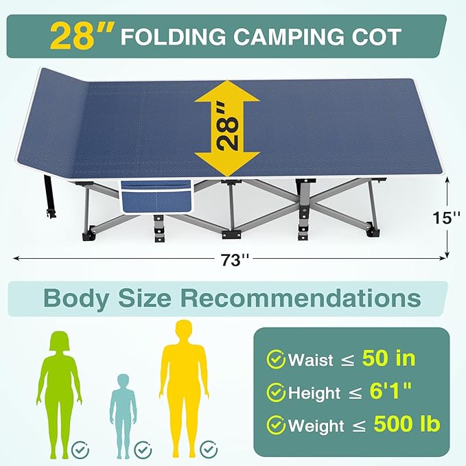 ZENPETIO Folding Camping Cot for Adult, 28In Portable Sleeping Cot with Mattress, Outdoor Heavy Duty Cot Bed for Camp with Carry Bag, Max Loading 500lbs for Home, Office, Camp, Travel, Vacation