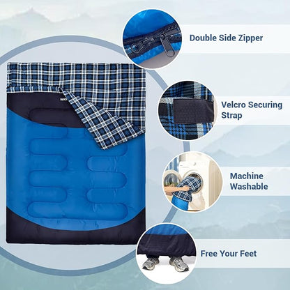 Double Sleeping Bag for Adults Machine Washable 2 Person Camping Sleeping Bag Queen Size Waterproof with Compression Sack for Cold Weather 3-4 Seasons