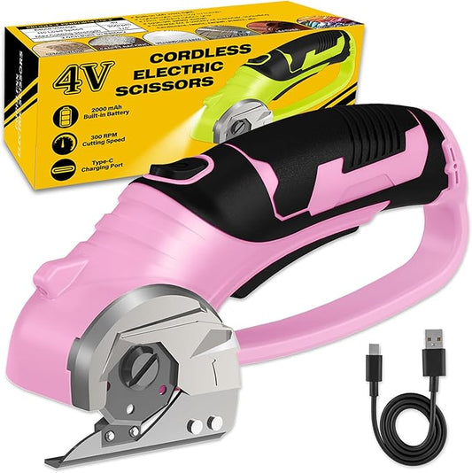 Cordless Electric Scissors, 4V Box Cutter & Cardboard Cutter with Upgrade Blade, LED Light, Safety Lock - Rechargeable Rotary Cutter for Fabric, Leather, Plastic, Crafting, Sewing, Industrial (Pink)
