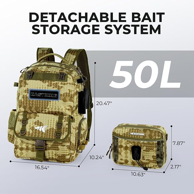 KastKing BaitSpace 50L Fishing Tackle Backpack with Removable Bait Binder,2 Rod Holders Storage Fishing Gear and Equipment