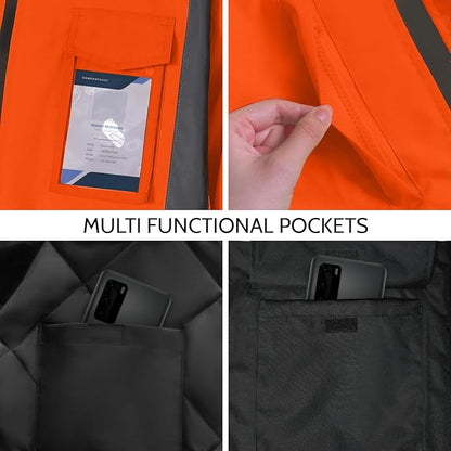 High Visibility Work Jackets, Safety Jacket with Pockets for Men& Women, Construction Coats for Cold Weather, Waterproof High Vis Rain Gear, Class 3, Orange-Black Long, 5XL