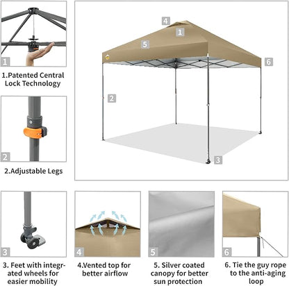 CROWN SHADES Adjustable Height on The Fly, 10x10 Pop Up Canopy - Beach Tent with One Push Setup - Easy Outdoor Sun Shade for Events, Parties, Camping - Outside Shade with STO-N-Go Bag, Khaki