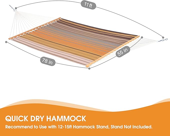 Lazy Daze Hammocks Quick Dry Hammock with Spreader Bar Textliene Fabric Double 2 Person Hammock with Chains Outdoor Patio Poolside Backyard Beach 450 lbs Capacity, Coffee Stripes