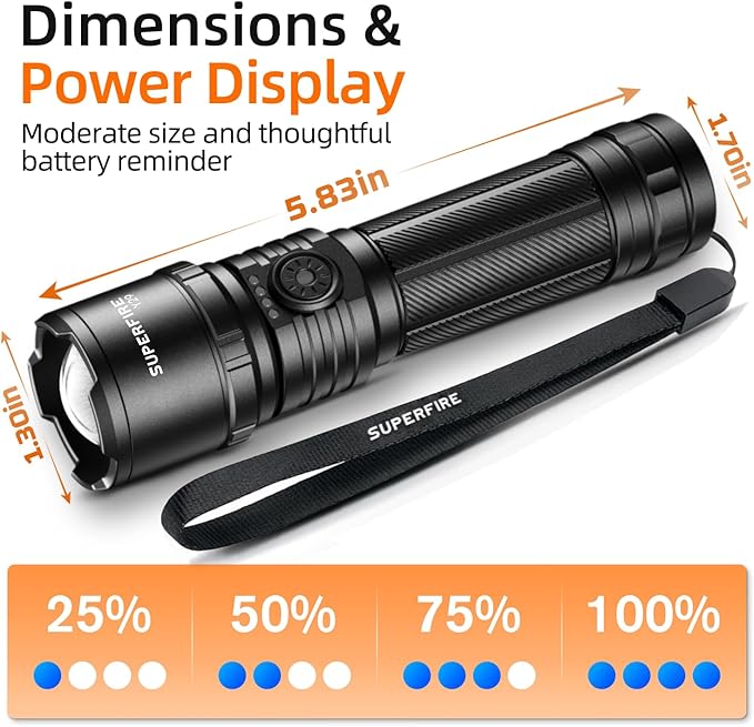 SuperFire Rechargeable Flashlights Bright Lumens, 5 Modes & Memory Function with 3000mAh Removable Battery, USB-C Zoomable & Waterproof, Perfect for Home Use