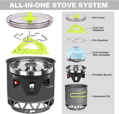 Hotdevil 1.2L Backpacking Camping Stove Cooking System with Piezo Ignition, Outdoor Portable Burner with Pot & Brackets Camp Stove Camping Stove Kit Propane, Ideal for Hiking Fishing Hunting Emergency