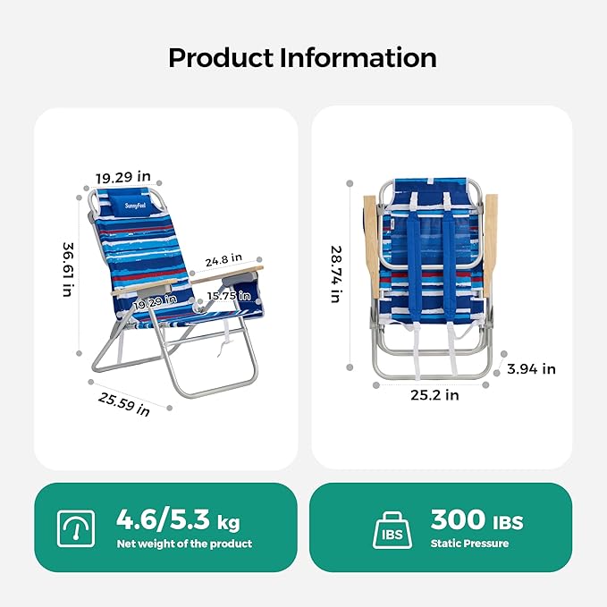 SUNNYFEEL High Back Folding Beach Chair, Tall Beach Chair with 3 Reclining Position, Portable Camping Chair for Adults, Wood Armrest, Lightweight Camping Chair 300 lbs Heavy Duty, Blue Stripe, 2 Pack