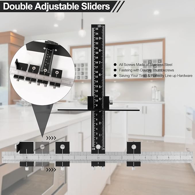 Cabinet Hardware Jig, Aluminum Alloy Pull Template with Adjustable of Door and Drawer Knobs Installation, Drill Guide Sleeve Drawer Pull Jig for Handles and Pulls