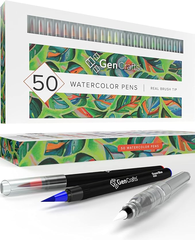 GenCrafts Watercolor Brush Pens – Set of 50 Premium Colors – Real Brush Tips – Washable & Nontoxic Markers – Portable Painting Set
