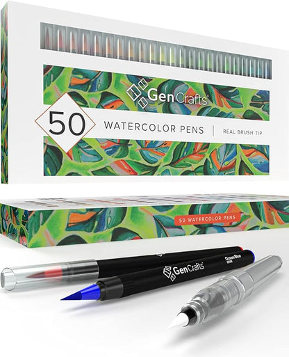 GenCrafts Watercolor Brush Pens – Set of 50 Premium Colors – Real Brush Tips – Washable & Nontoxic Markers – Portable Painting Set