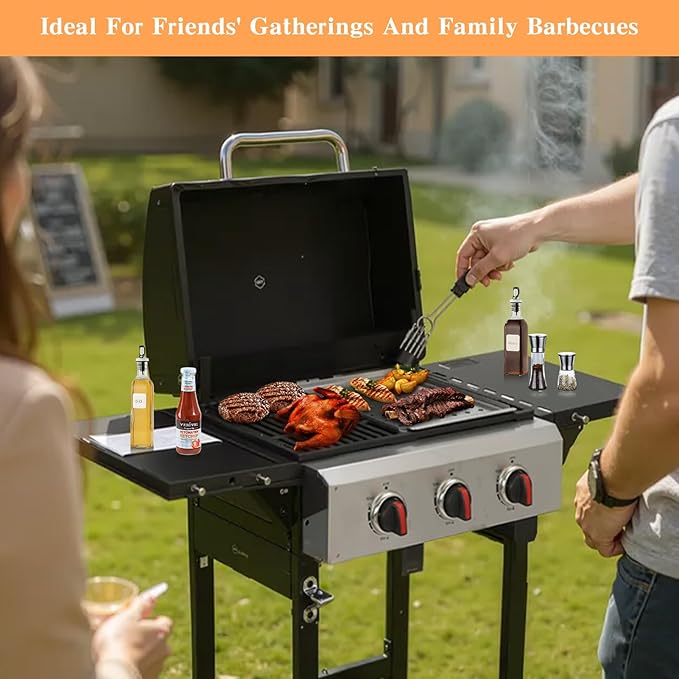 CIG GARDEN 3 Burner Propane Gas Grill, 31,500 BTU Output Outdoor BBQ Grill with Cast Iron Grates and Versatile Grill Pan, Perfect for Outdoor Cooking, Balcony, Backyard, Camping, Barbecue