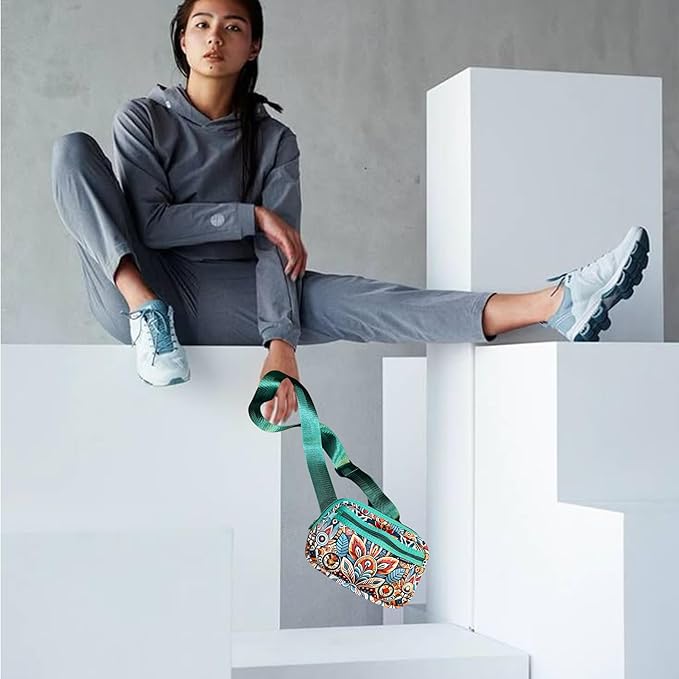 Yewande&co Neoprene Fanny Pack Belt Bag – Lightweight Waterproof Waist Bag with Adjustable Strap, 3 Zippered Pockets, Crossbody Belt Bag for Travel, African Design Crossbody Bags (Fire)