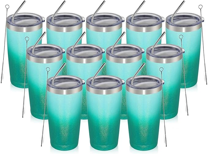 MEWAY 20oz Tumbler 12 Pack Double Wall Vacuum Insulated Travel Glitter Mug Bulk, Stainless Steel Tumblers with Lid and Straw, Powder Coated Coffee Cups for Woman(Gradient Green,Set of 12)